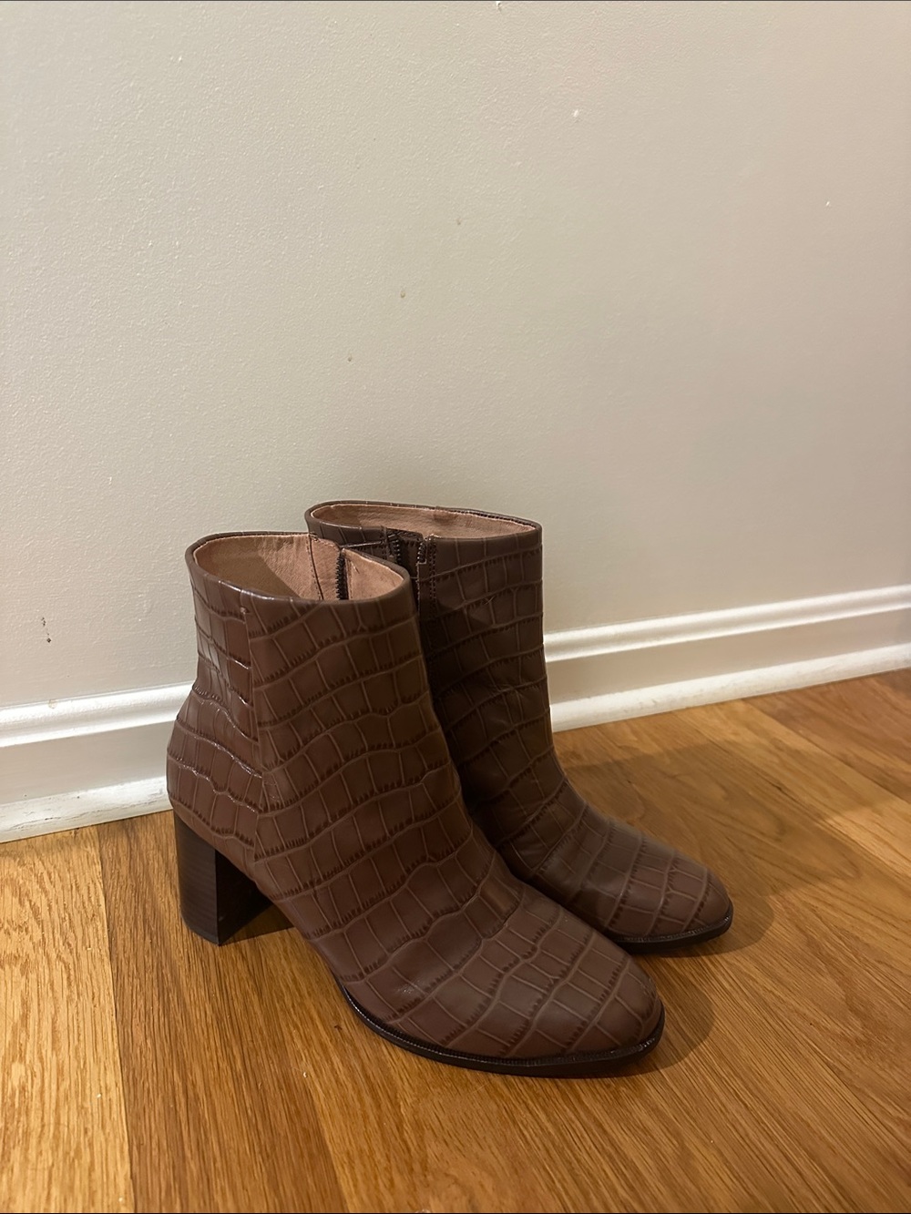 Madewell Brown Croc-Embossed Block Heel Booties